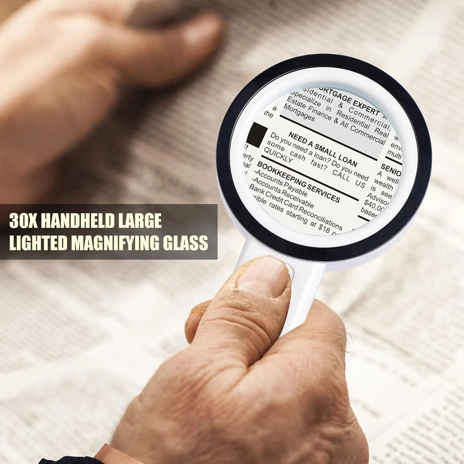 Jumbo Handheld Magnifying Glass w/ 12 Bright LED Light Illuminated 30X Magnifier