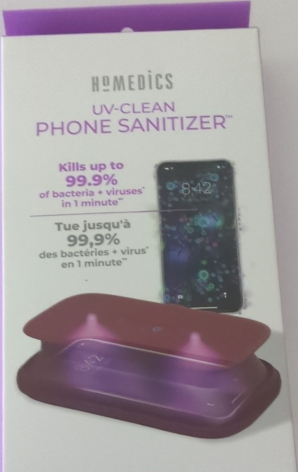Homedics UV Phone Sanitizer Red Purple Universal Chemical Free
