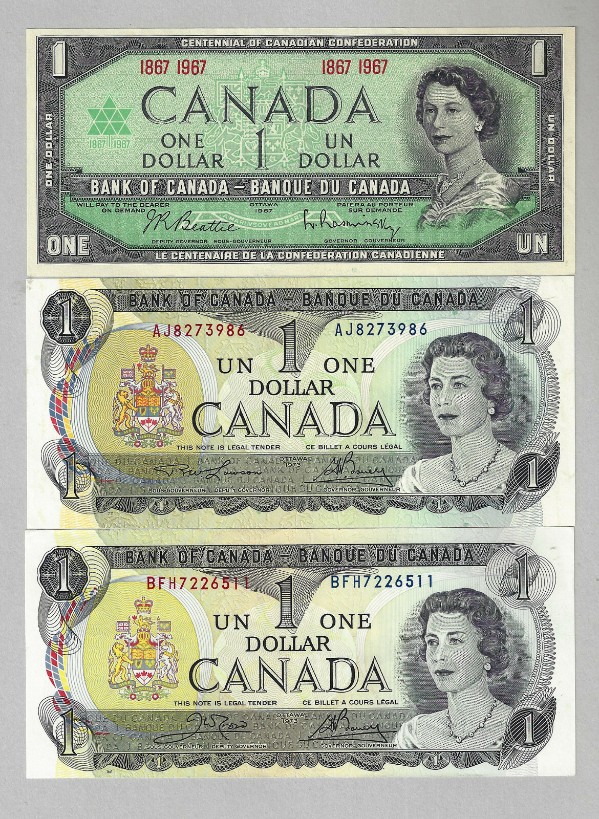 1967-1973 $1 Set Of 3 Sing. Bank of Canada Note Uncirculated