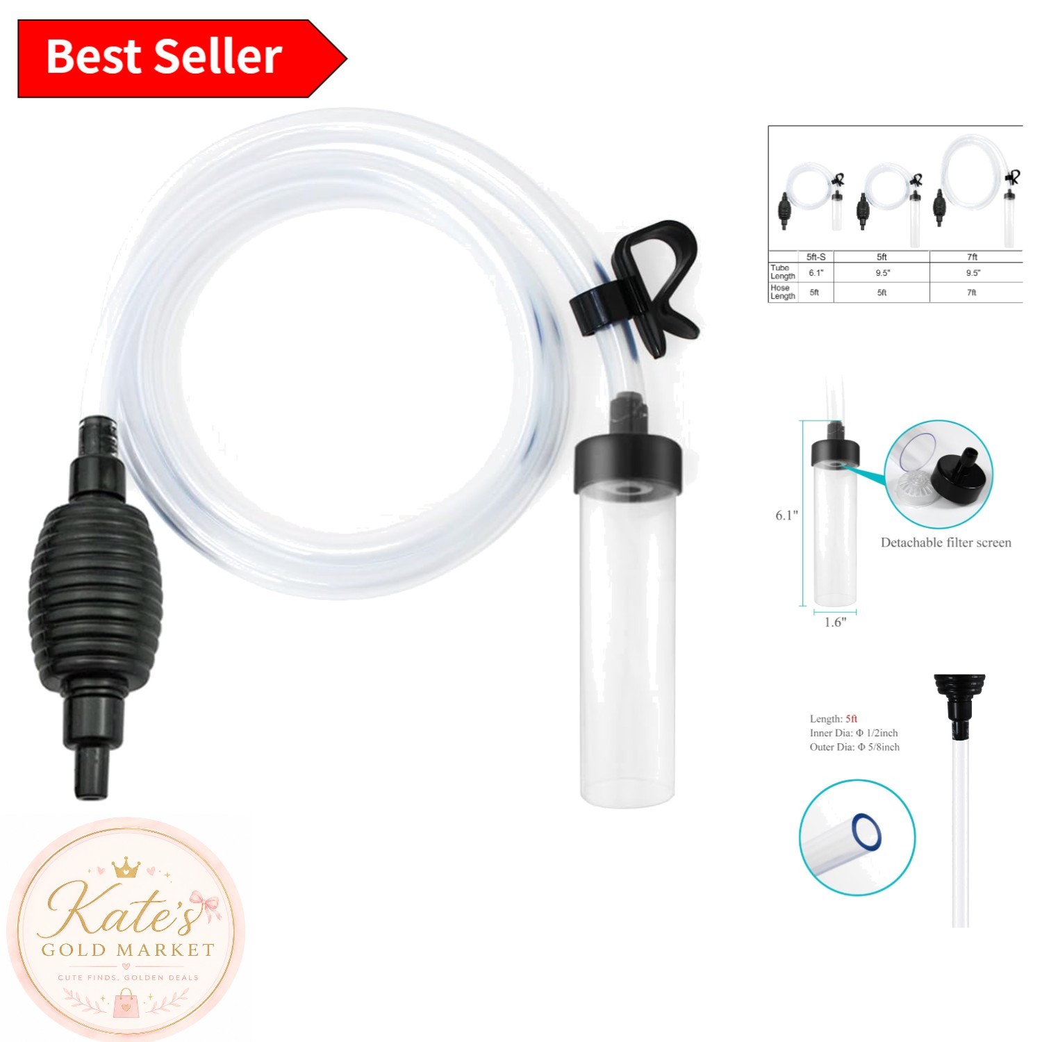 5ft-S Fish Tank Siphon Vacuum Cleaner - Clear Hose for Hassle-Free Maintenance