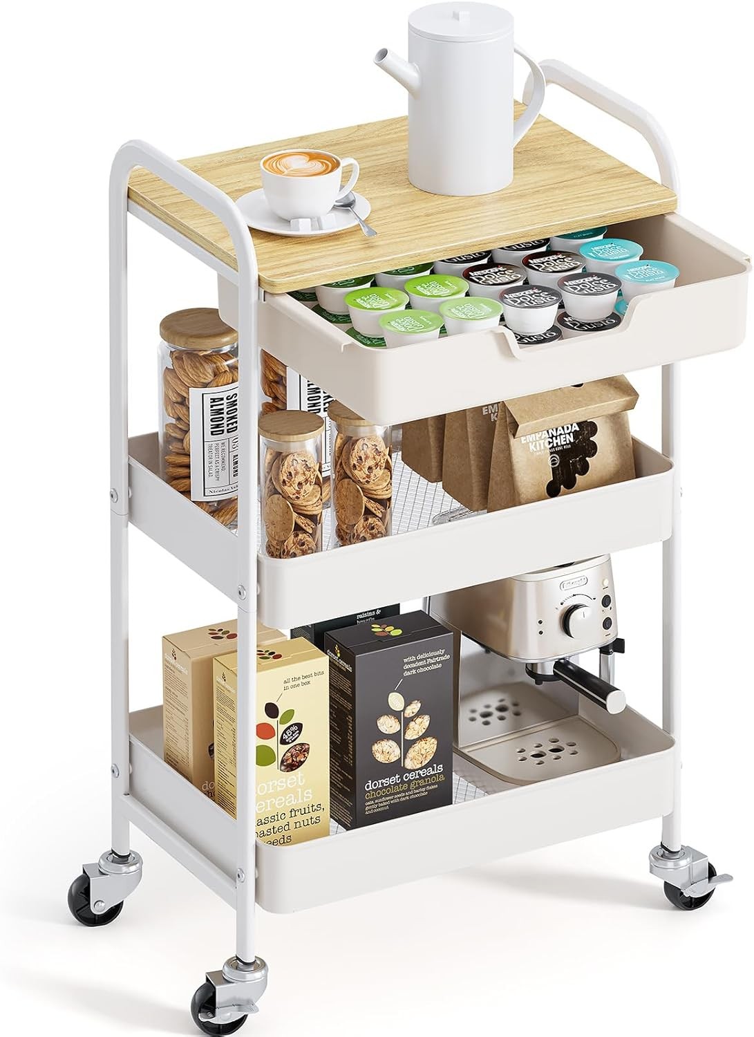 3-Tier Metal Utility Rolling Cart W/ Drawer & Wooden Table Top Storage Cart