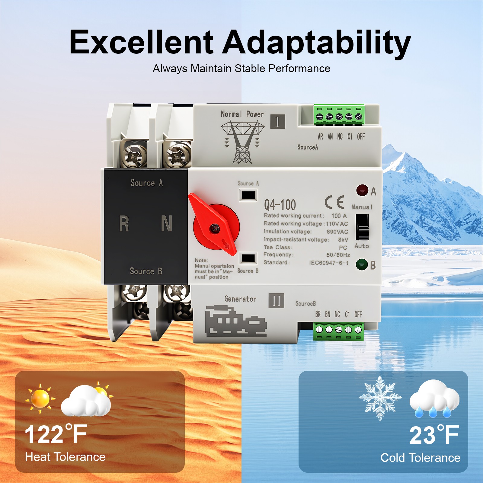 Dual Power Automatic Transfer Switch, 2P 100 Amp Automatic Transfer Switch