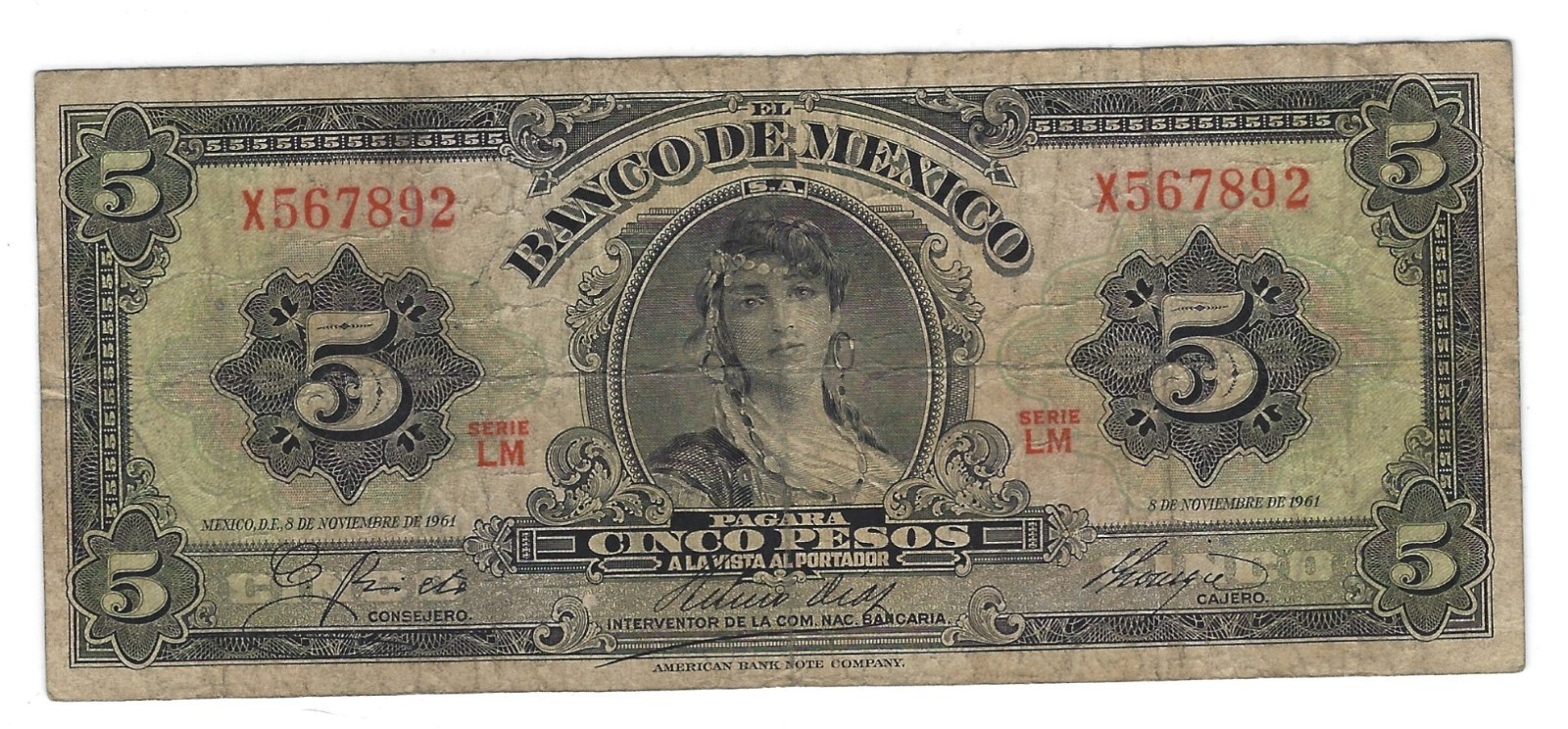 Banknote Mexico P60g 5 Pesos 1961, Series LM