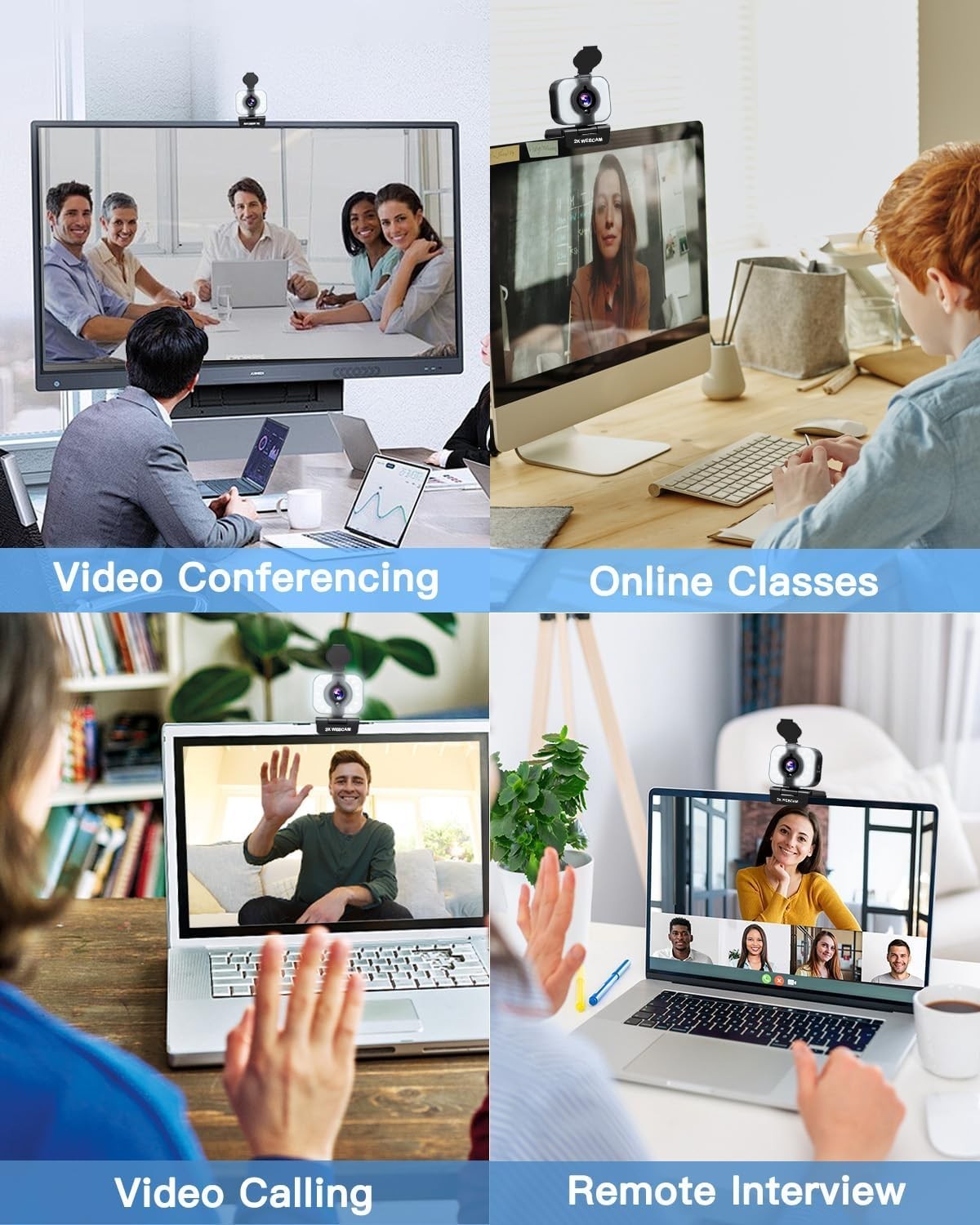 2K Webcam for PC, Web Camera with Microphone, Light, Privacy Cover, Plug and ...