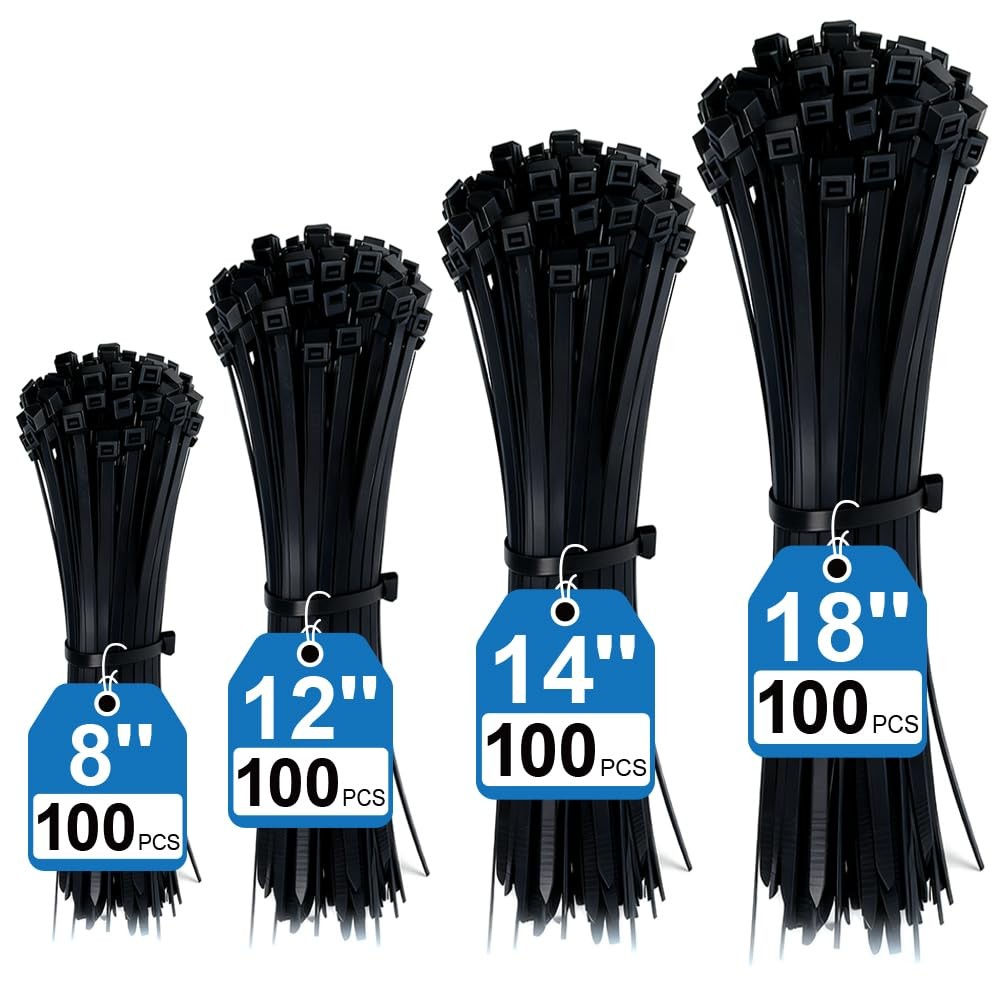400 Pack Black Zip Ties Assorted Sizes 8+12+14+18 Inch, Heavy Duty 100lbs Sel...