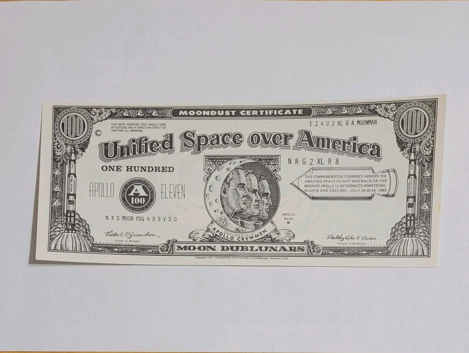 1969 Apolo 11 Commemorative ~ 100 Moon Dublunars ~ Unified Space Over America