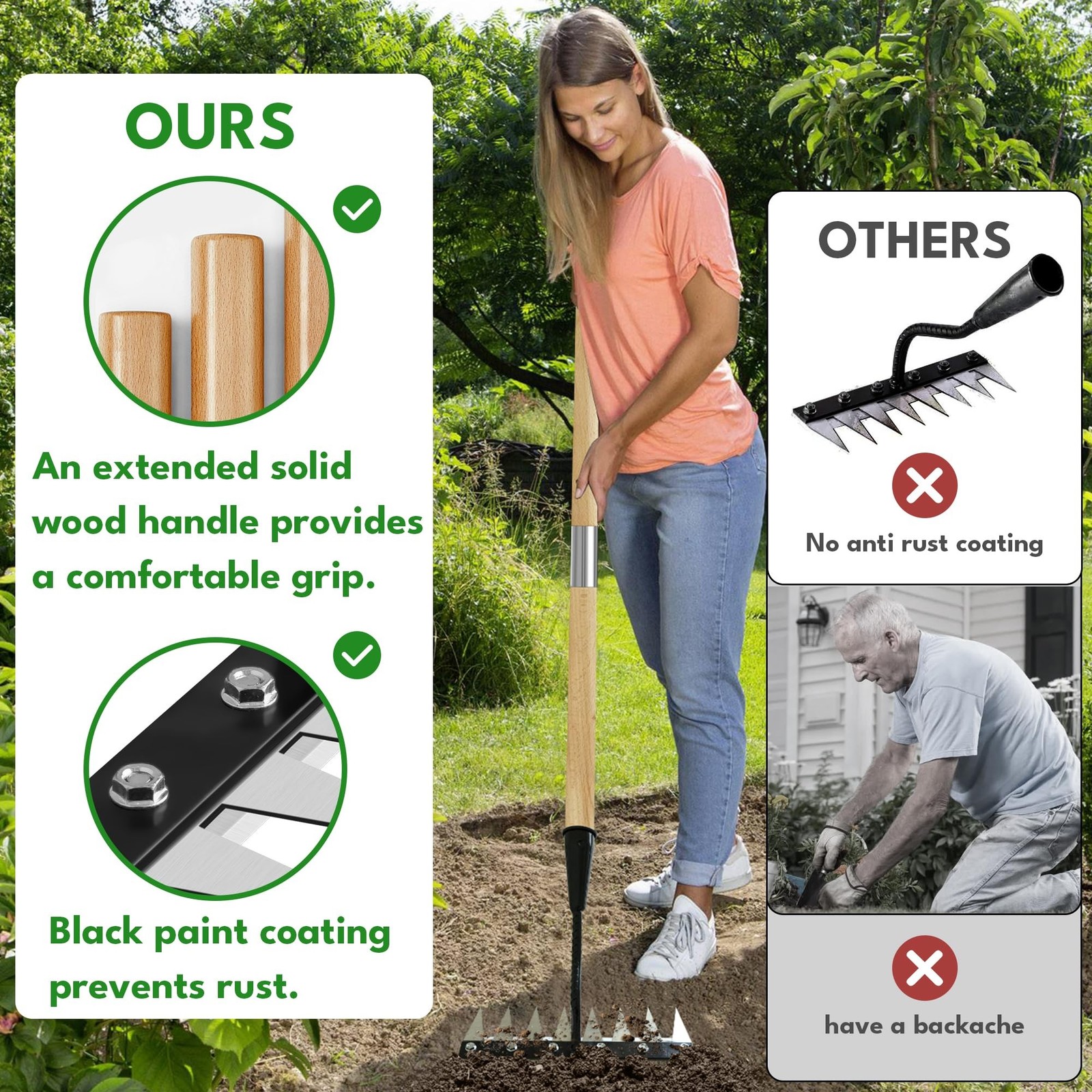 Iron Weeding Rake with Handle 2.0, Upgraded 8 Teeths Garden Weed Puller Tool ...