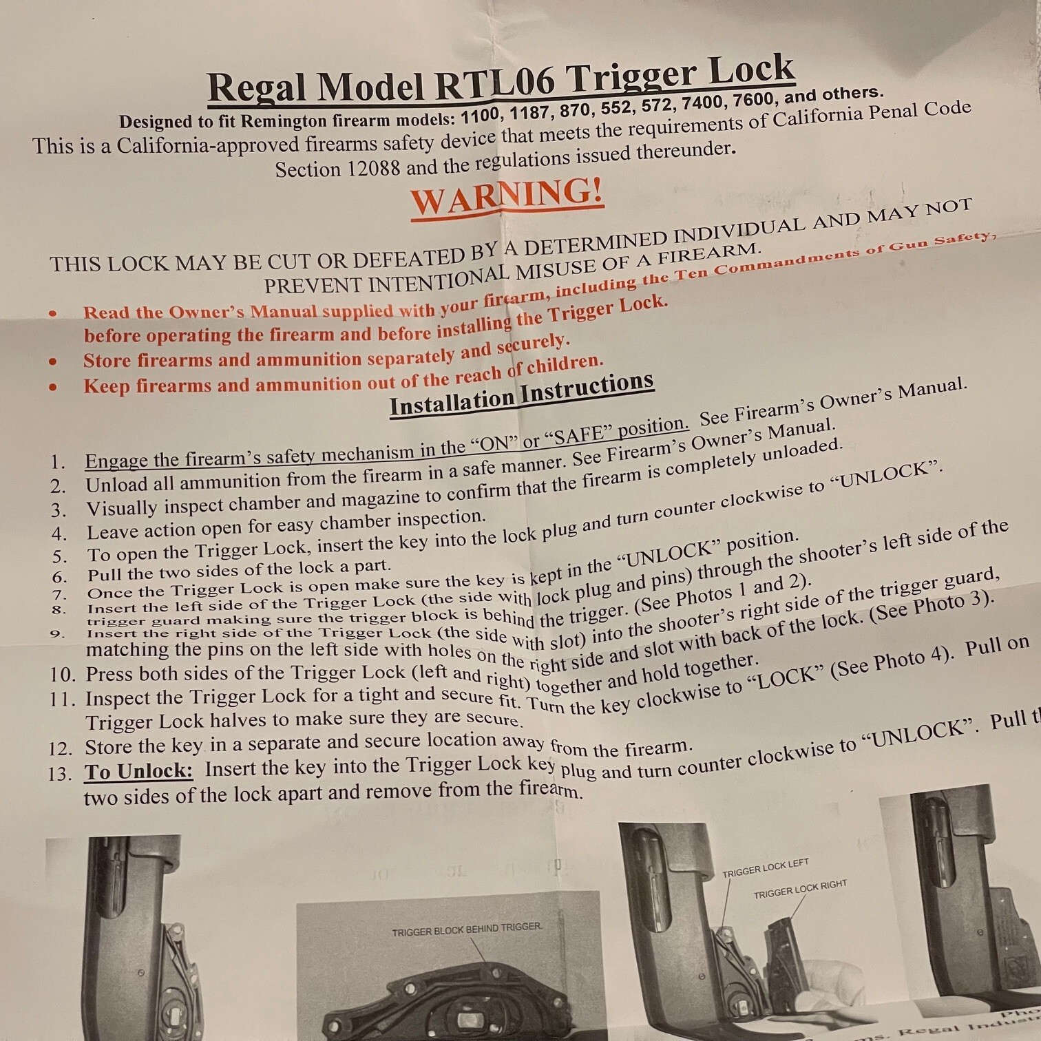 Regal Model RTL 06 Trigger Lock For Remington Rifles & Shotguns Open Box