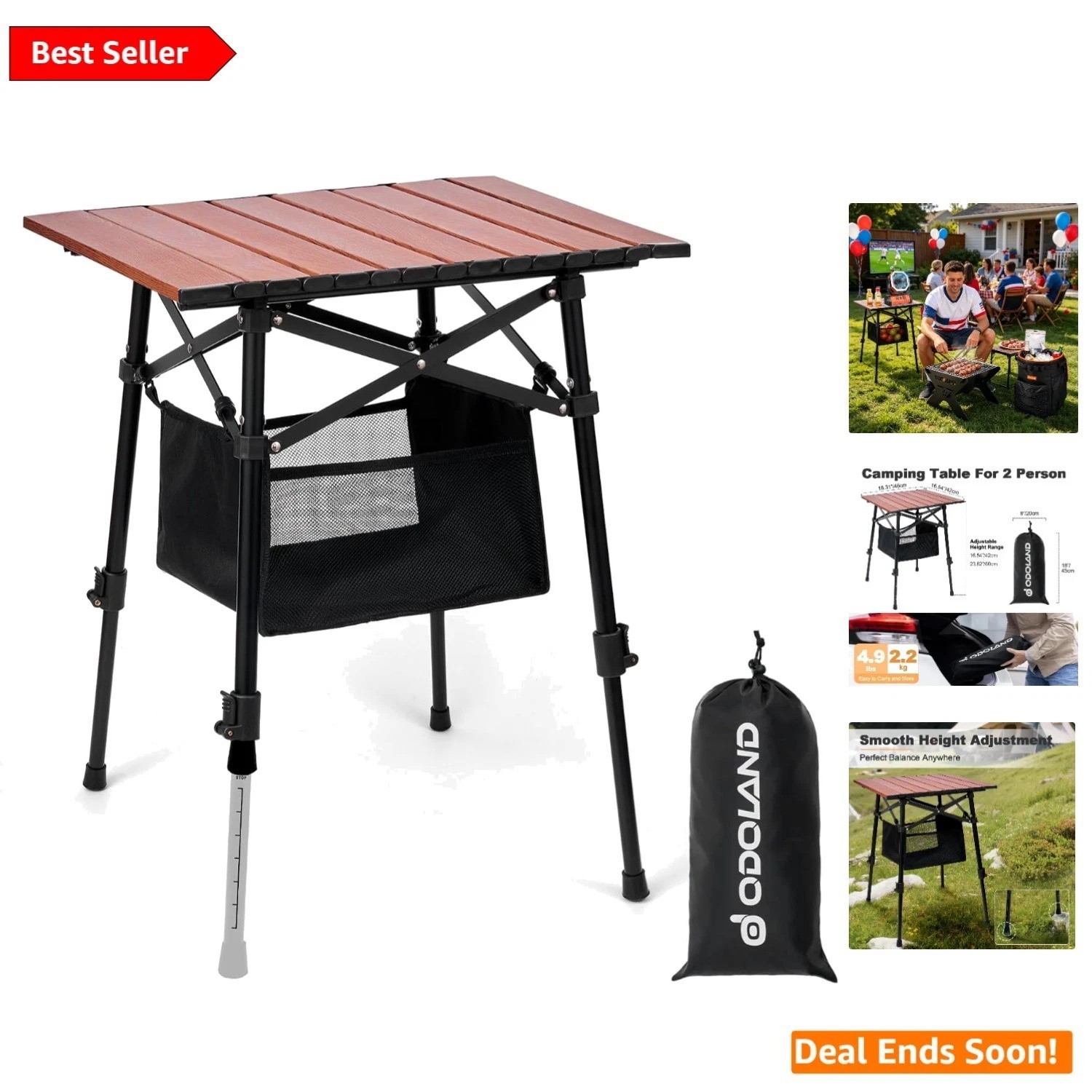 Compact Adjustable Height Camping Table 18.3"L x 16.5"W for Picnics & Beach