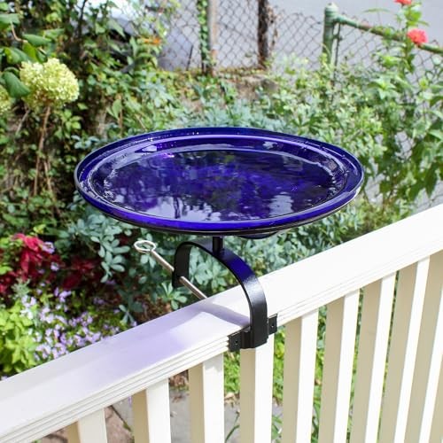 14" Cobalt Blue Crackle Birdbath- Over Rail Bracket