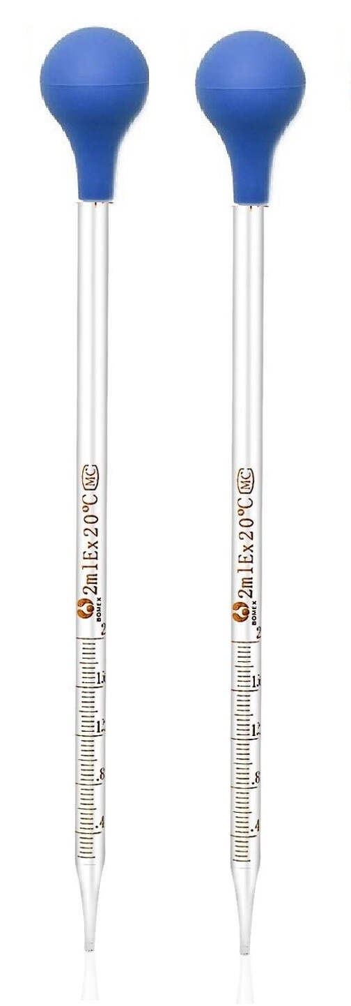 2Pk 2ml Glass Graduated Dropper Pipettes Lab Dropper with Red Rubber Cap & Scale