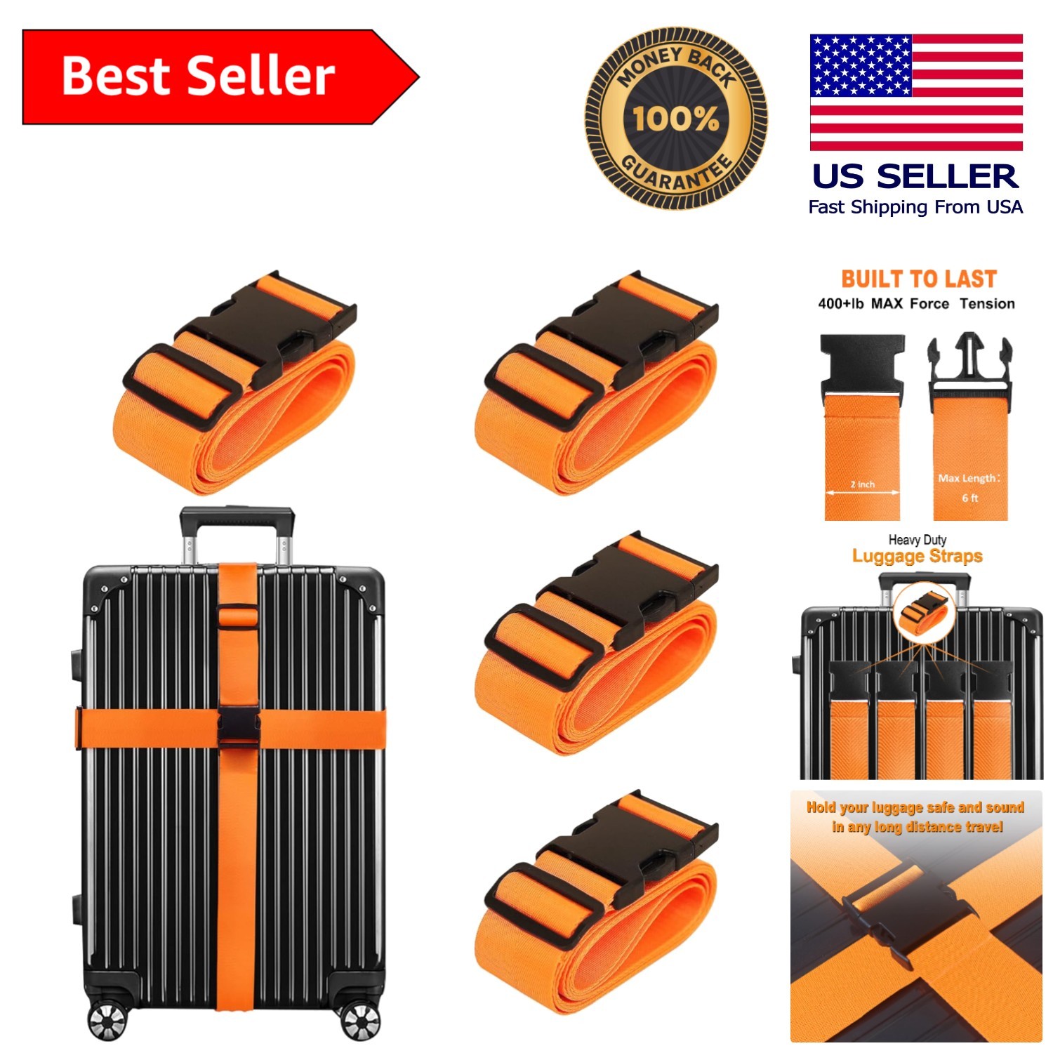 Durable Luggage Straps with Stainless Steel Buckle - 4 Pack for Travel Safety
