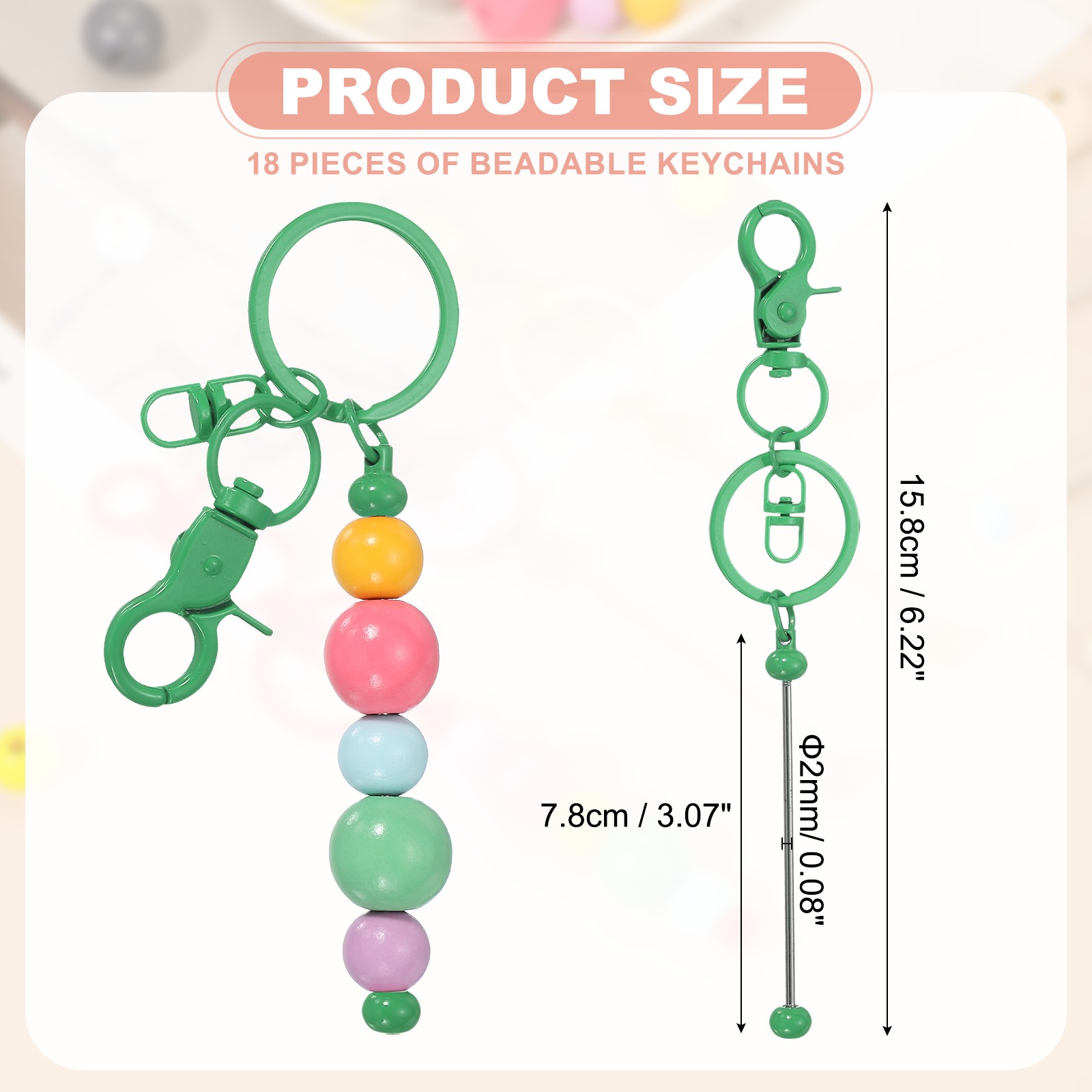 18Pcs Beadable Keychains, DIY Beaded Keychain Making Kit, Candy Green