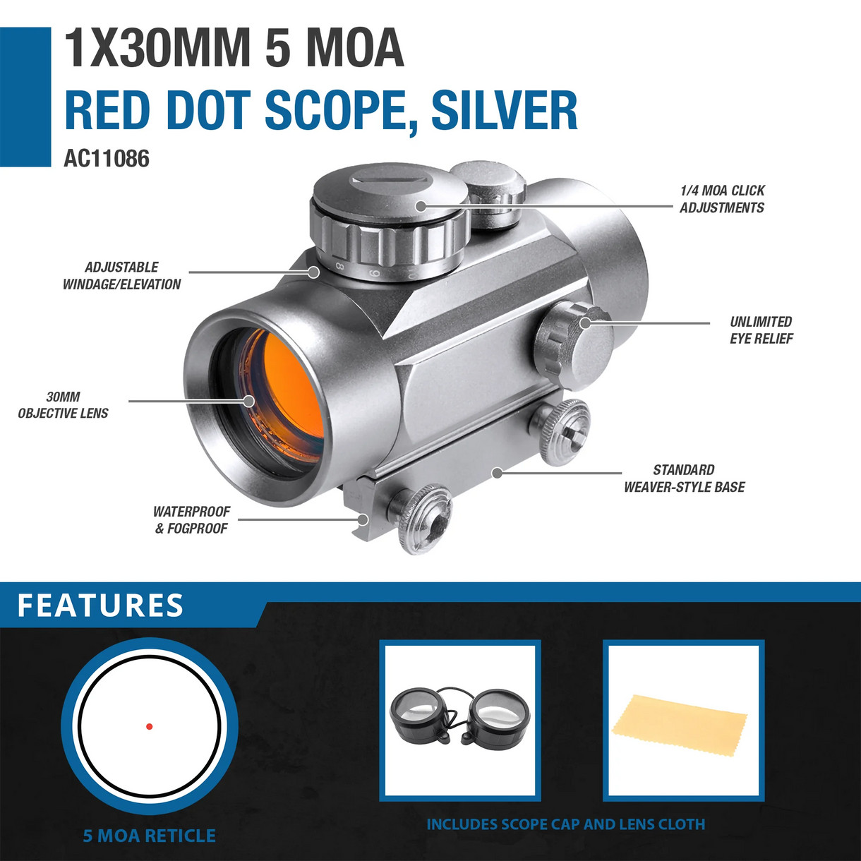 Barska AC11086 Tactical 5 MOA Red Dot Sight Scope 1x30mm Weave Riflescope Silver