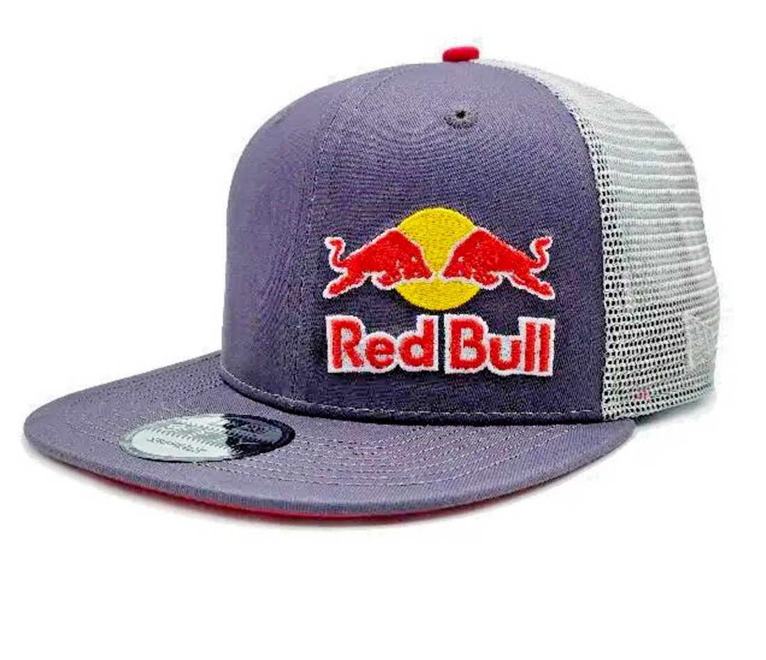 Slate Gray Flat Brim Trucker Cap w/ Offset Logo + 2 logos. BMX Motocross. MotoGP