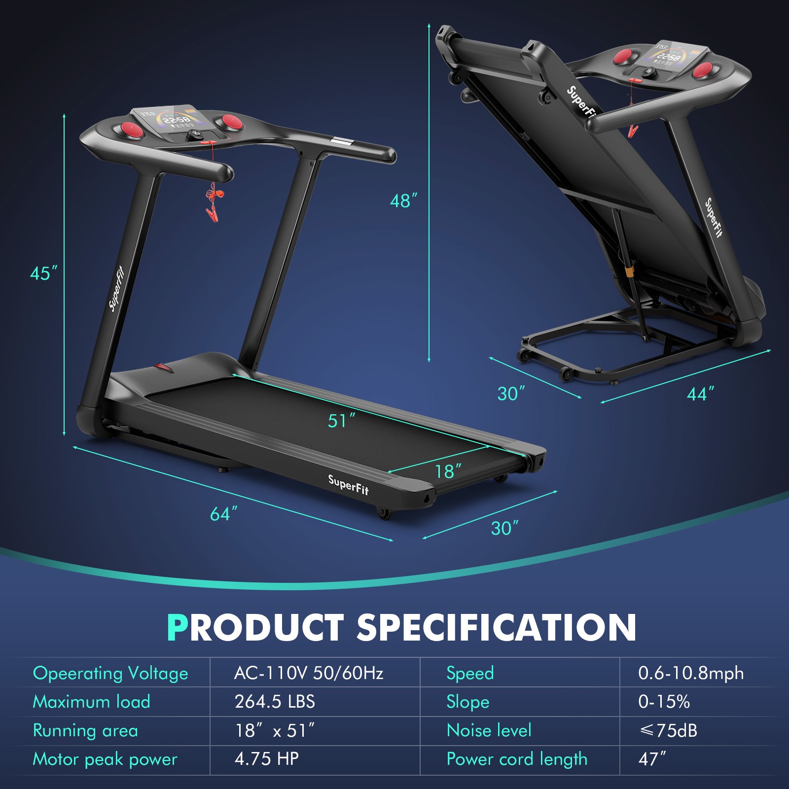4.75HP Folding Treadmill w/Preset Programs Touch Screen Voice/APP/Remote Control