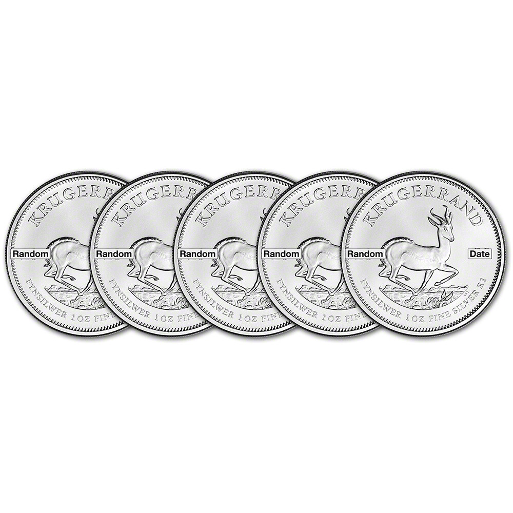 South Africa Silver Krugerrand 1 oz 1 Rand - BU Random Date Five 5 Coins