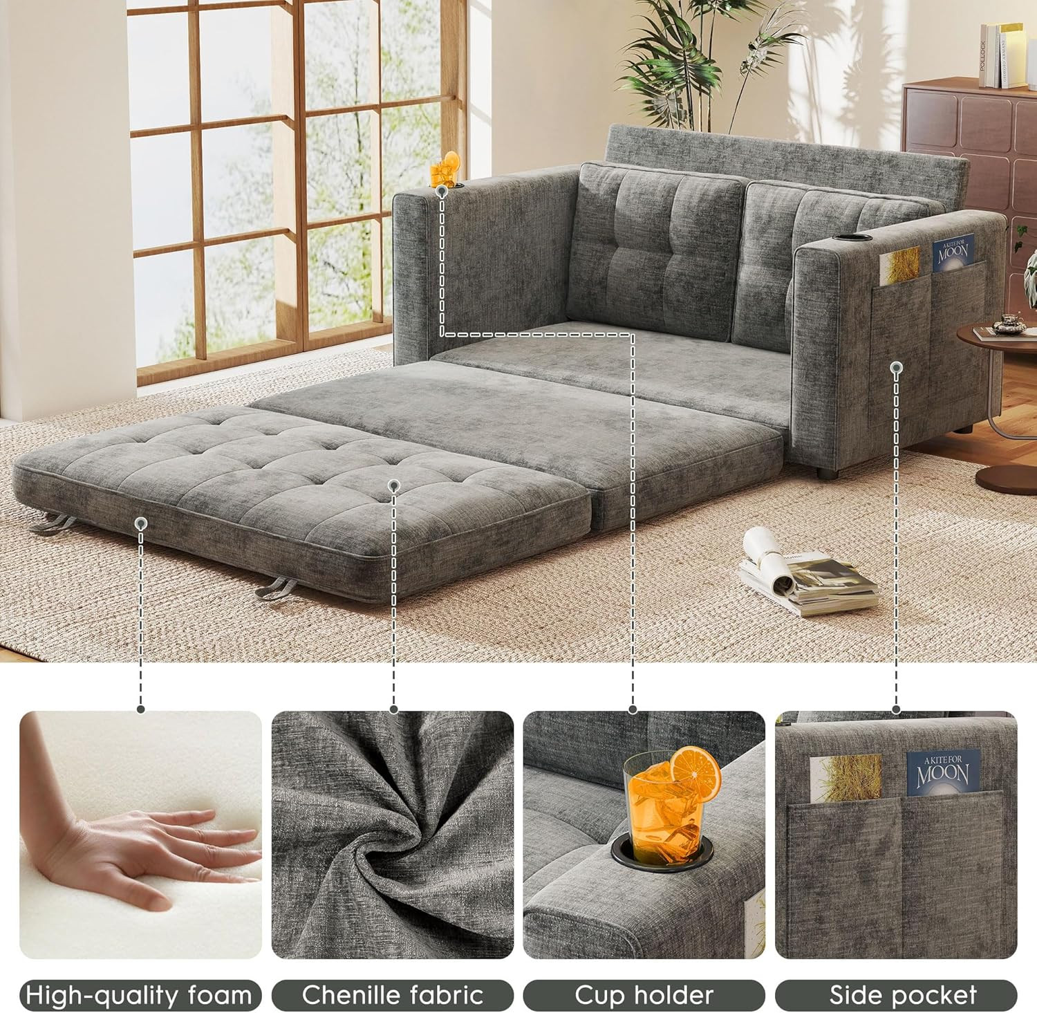 Compact 55" Grey Chenille Convertible Sofa Bed with Cup Holder & Pillow