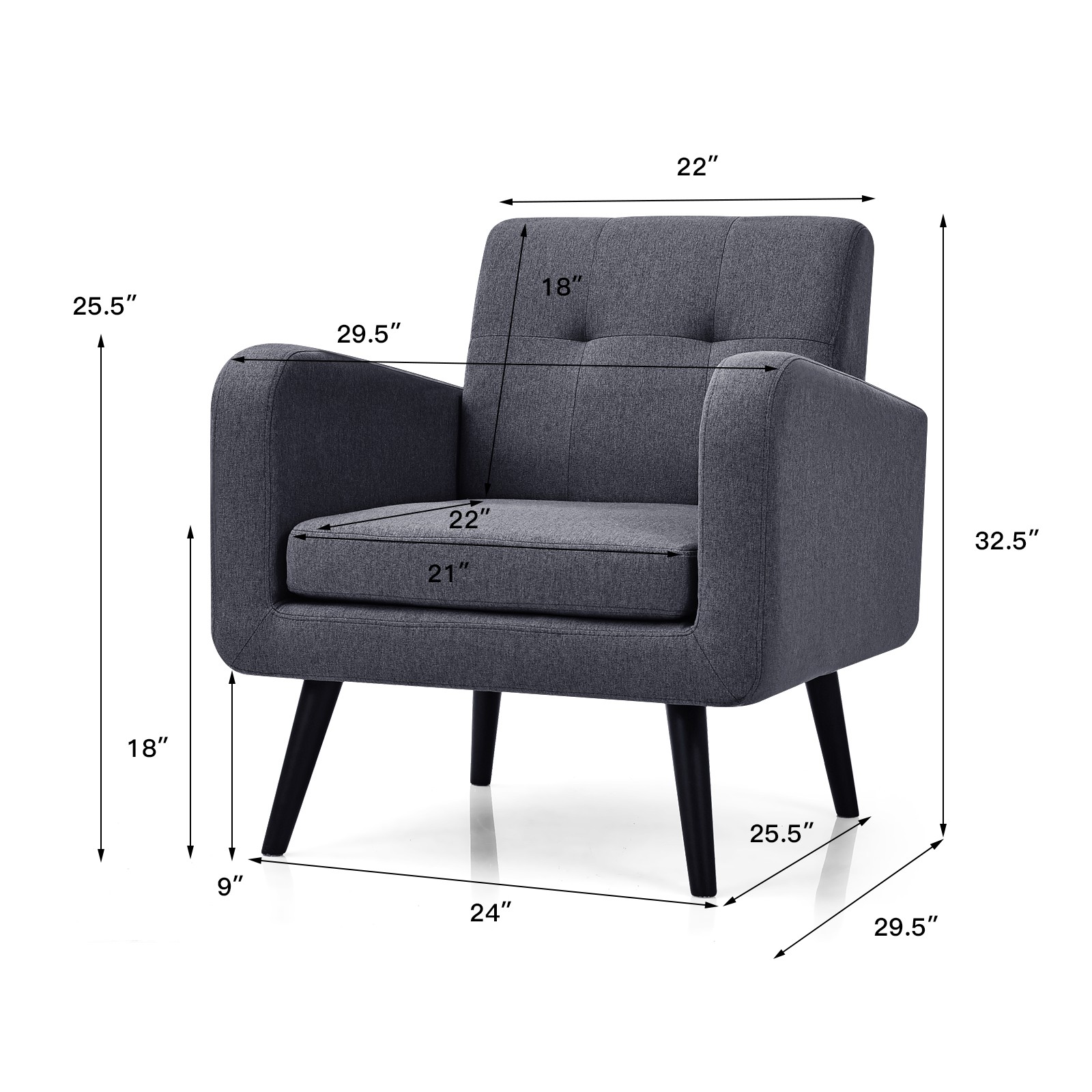 Costway Set of 2 Mid Century Accent Chair Upholstered Arm Chair Single Sofa Grey