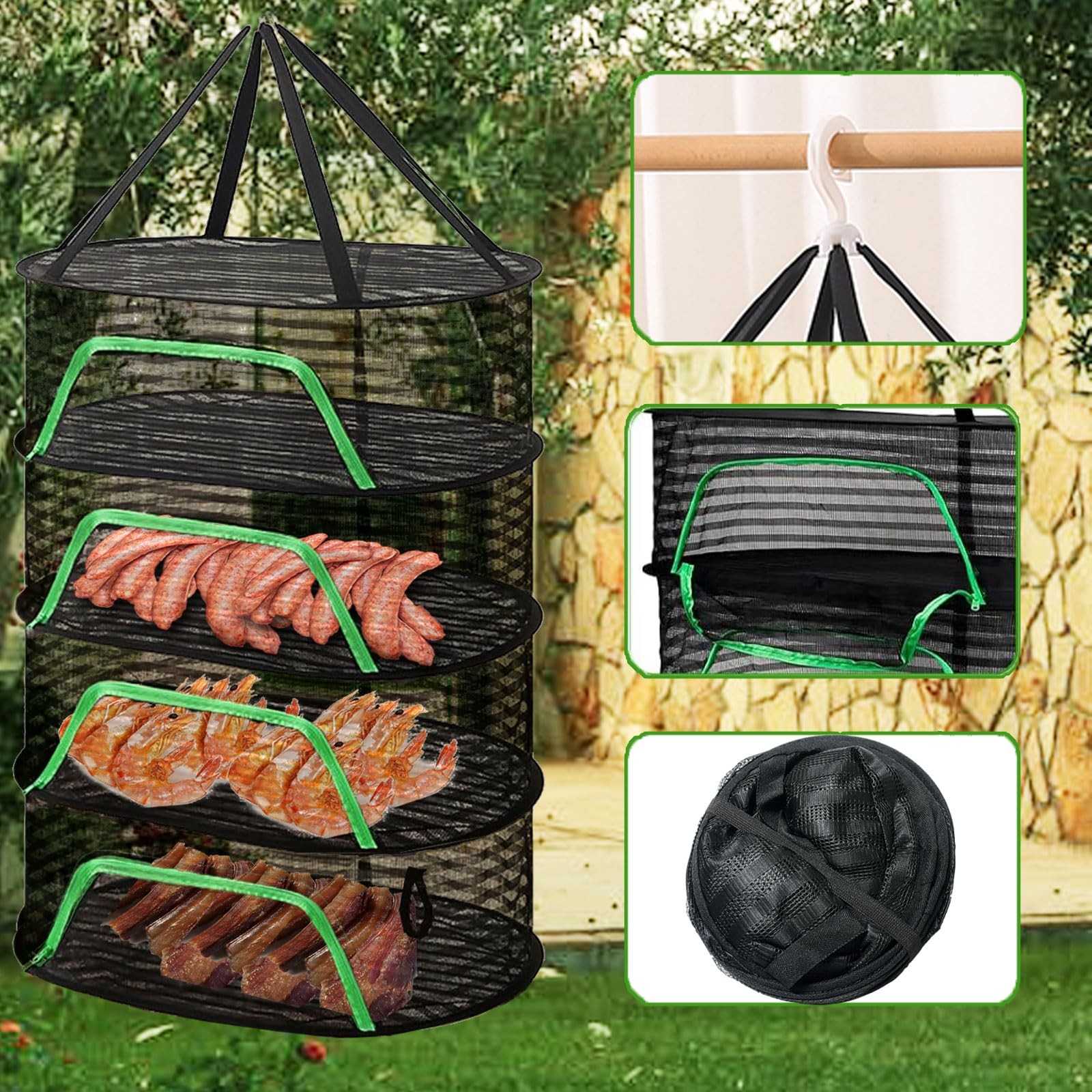 szgwtk Herb Drying Rack 4 Layer Hanging Design with Green Zippers for Dehydra...