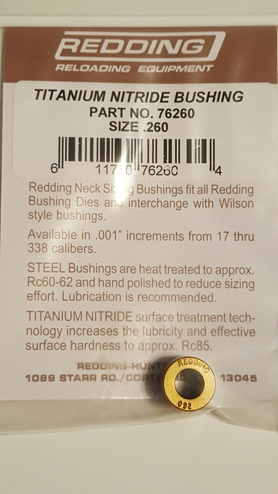 76260 REDDING TITANIUM NITRIDE .260 NECK SIZE BUSHING - BRAND NEW - FREE SHIP