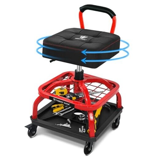 Rolling Shop Stool with Wheels, Garage Mechanic Shop Chair with D10-Red Model A