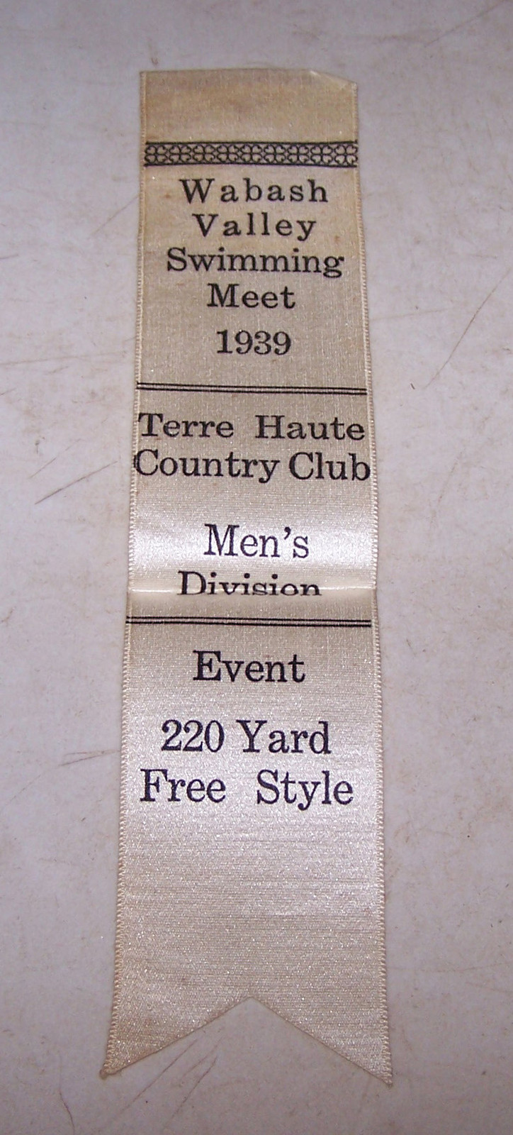 1939 Wabash Valley SWIMMING Award Ribbon TERRE HAUTE COUNTRY CLUB INDIANA