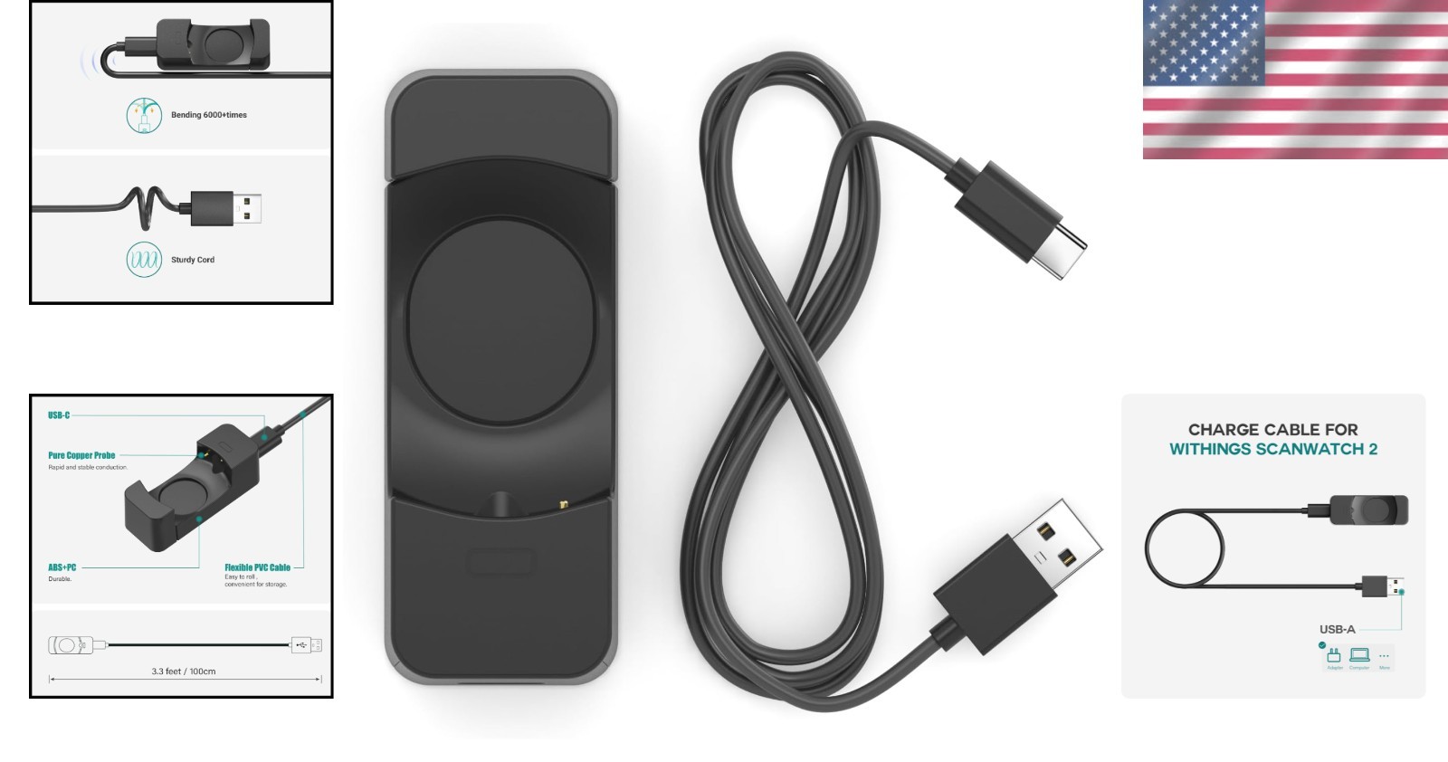 Charger Cable USB for Withings Scanwatch 2 Light Fast Charging Durable 1M