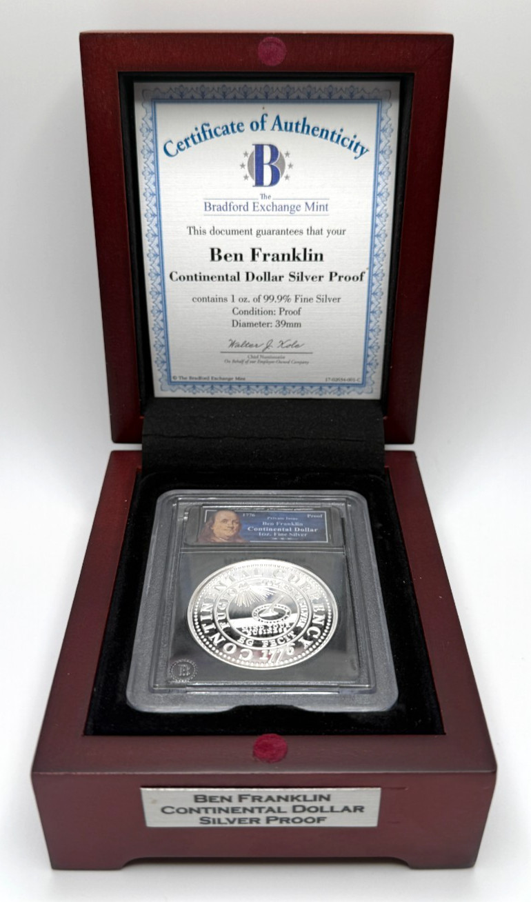 Private Issue Ben Franklin Continental Dollar Proof, 1 oz Fine Silver - Bradford