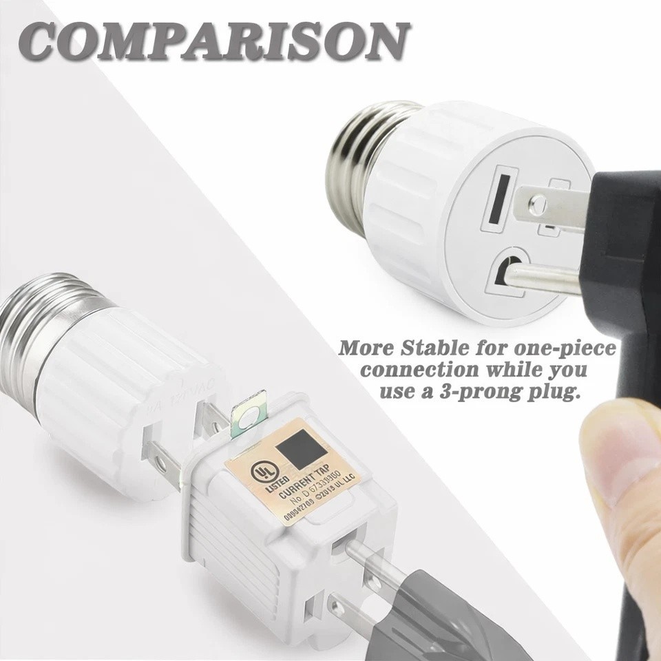 E26/E27 Light Socket to Plug Adapter 2/3 Prong Light Bulb Outlet Adapter 1 Pcs
