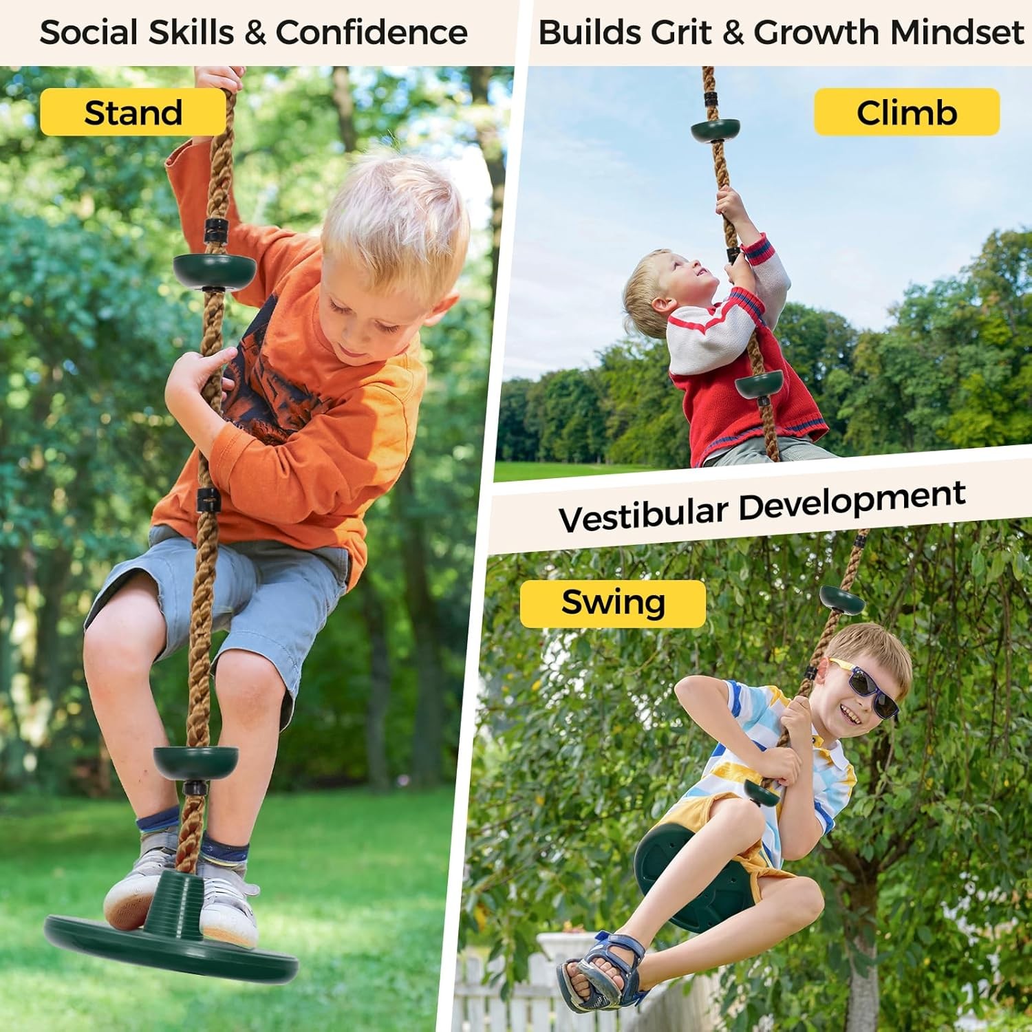 DECORLIFE Tree Swing for Kids Climbing Rope Disc Swing with Platforms Green