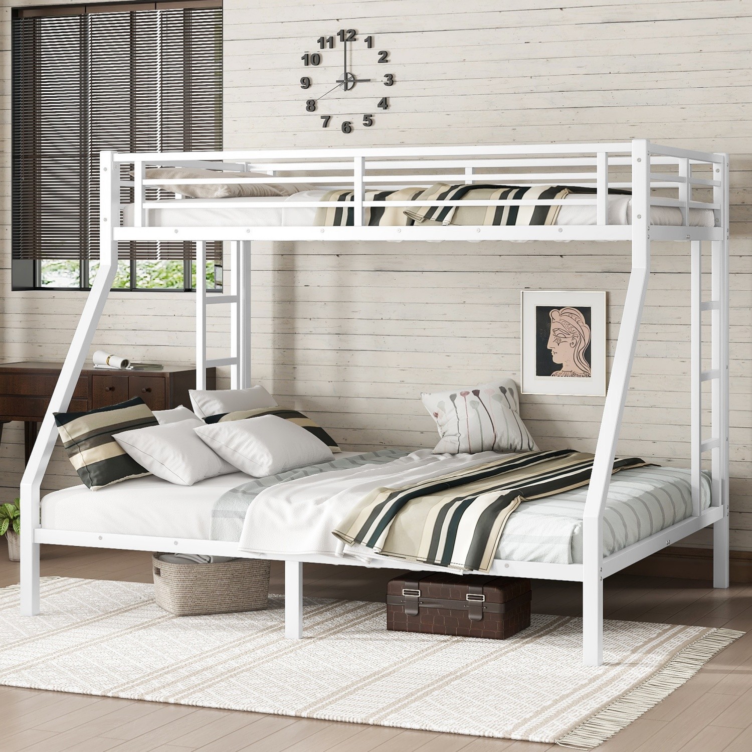Twin XL Over Queen Bunk Bed Heavy Duty Metal Bunk Bed Frame with 2 Ladders White