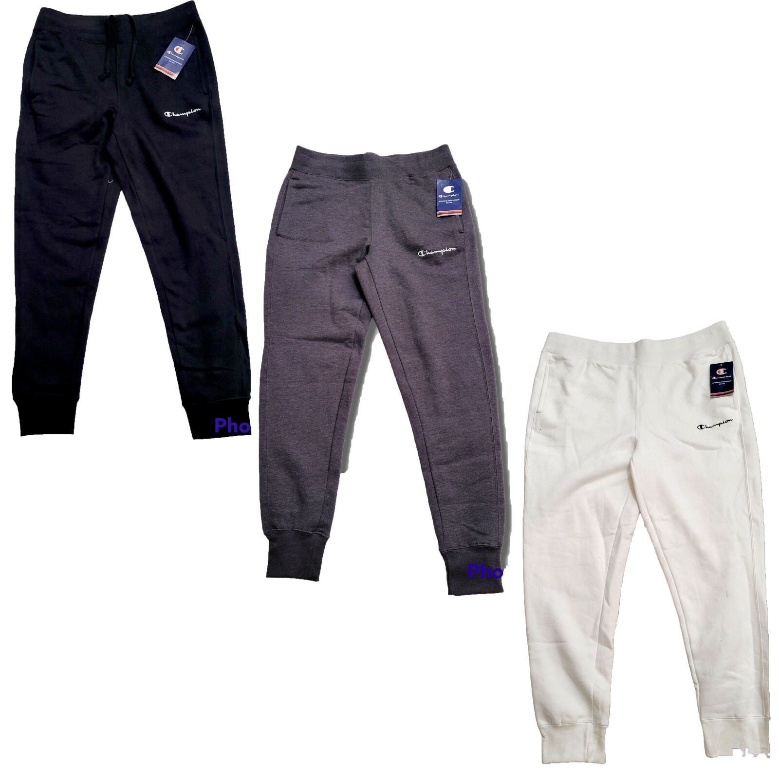 Champion Script Athletic Jogger Sweatpants Tapered Stretch Black White Grey