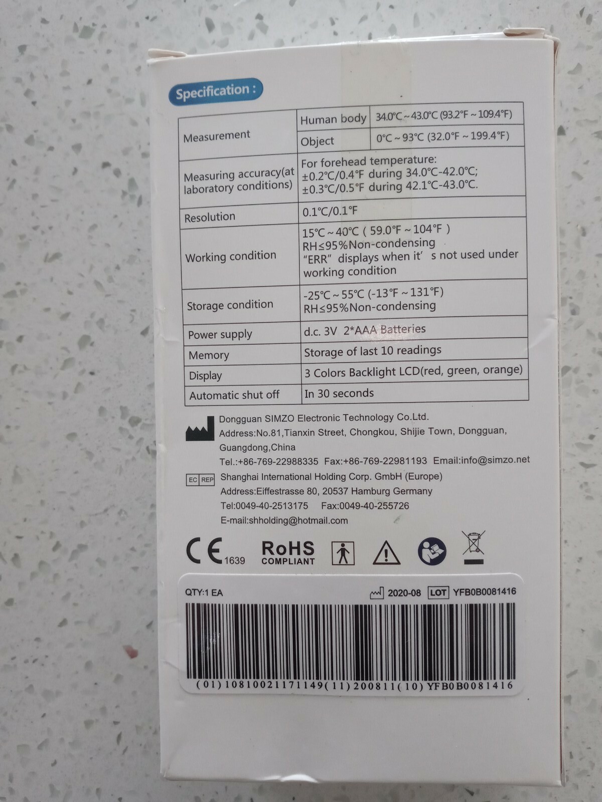 SIMZO Non-Contact Forehead Thermometer...C Reading LCD Display.New