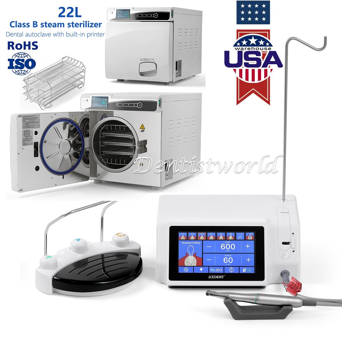 Esterilizador Dental 22L Clase B Autoclave Vapor / Motor LED para Implantes