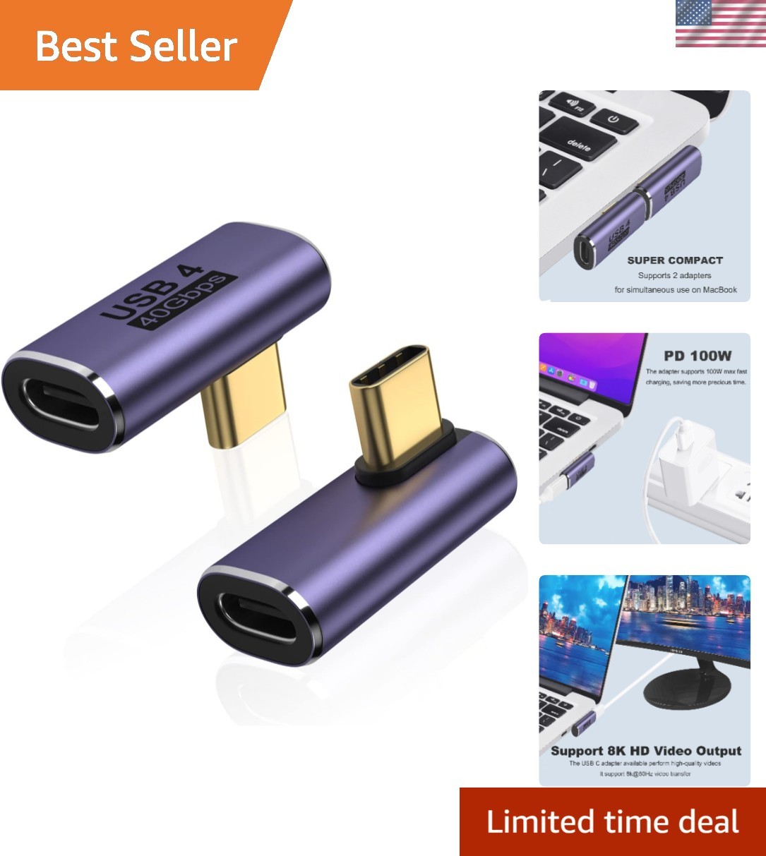 2-Pack 90 Degree Right Angle USB C Adapter - 100W Fast Charging, 8K Video