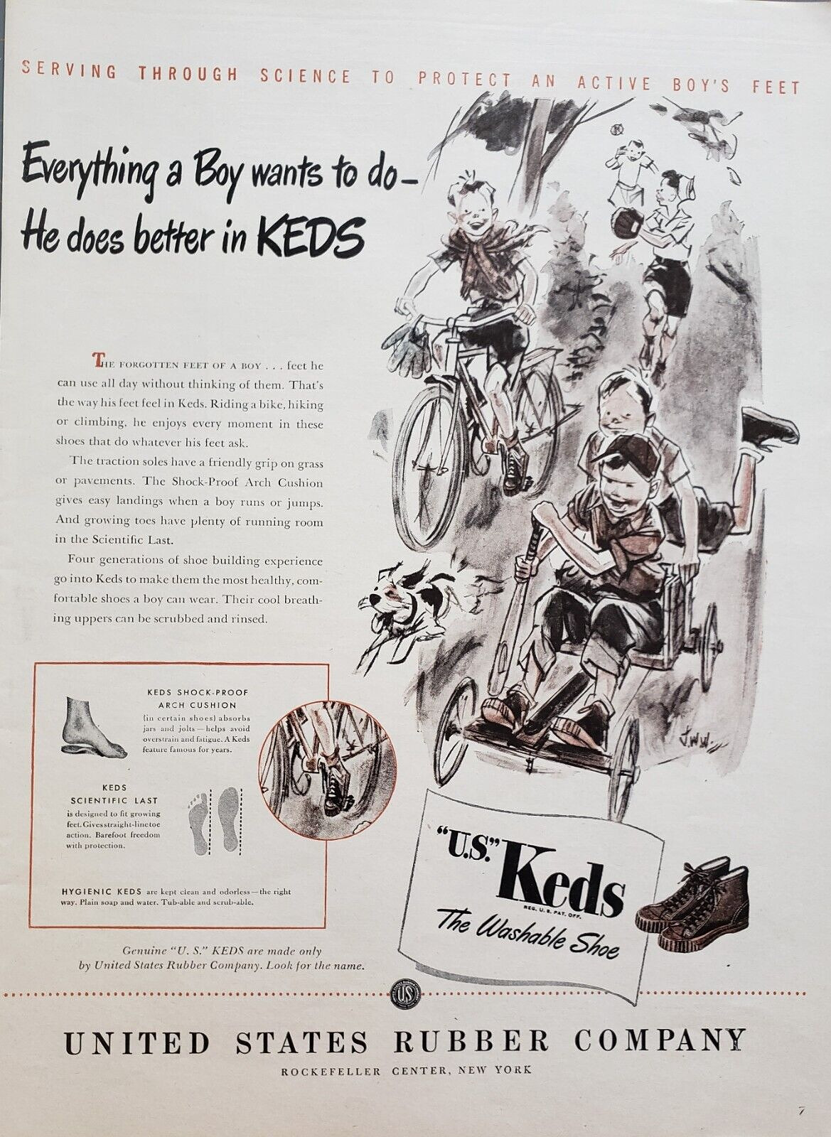 1946 US Keds Boys Shoes The Washable Shoe Bike Riding Playing Vintage Print Ad