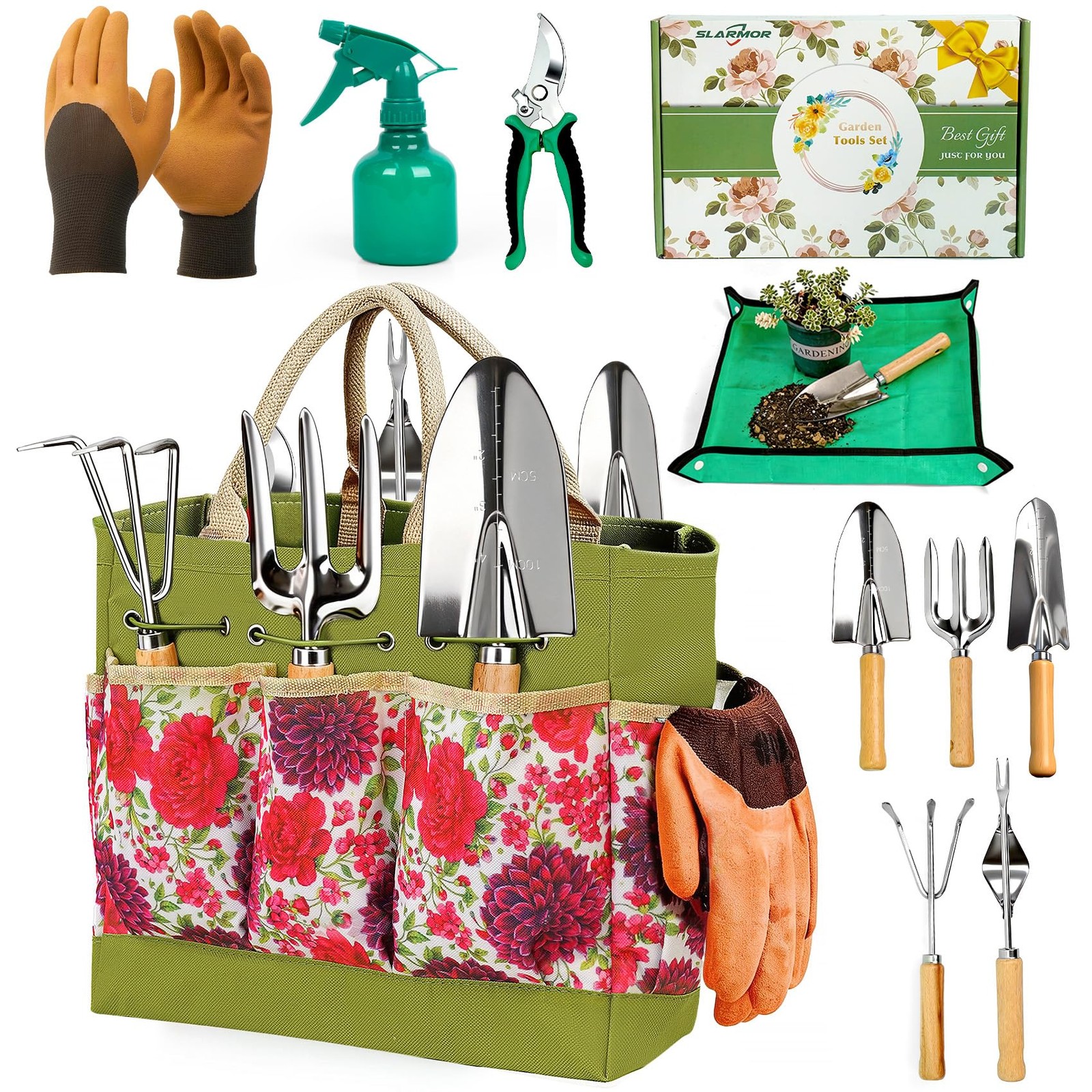 SLARMOR Garden Tool Set, 10 PCS Gardening Essentials, Stainless Steel Green