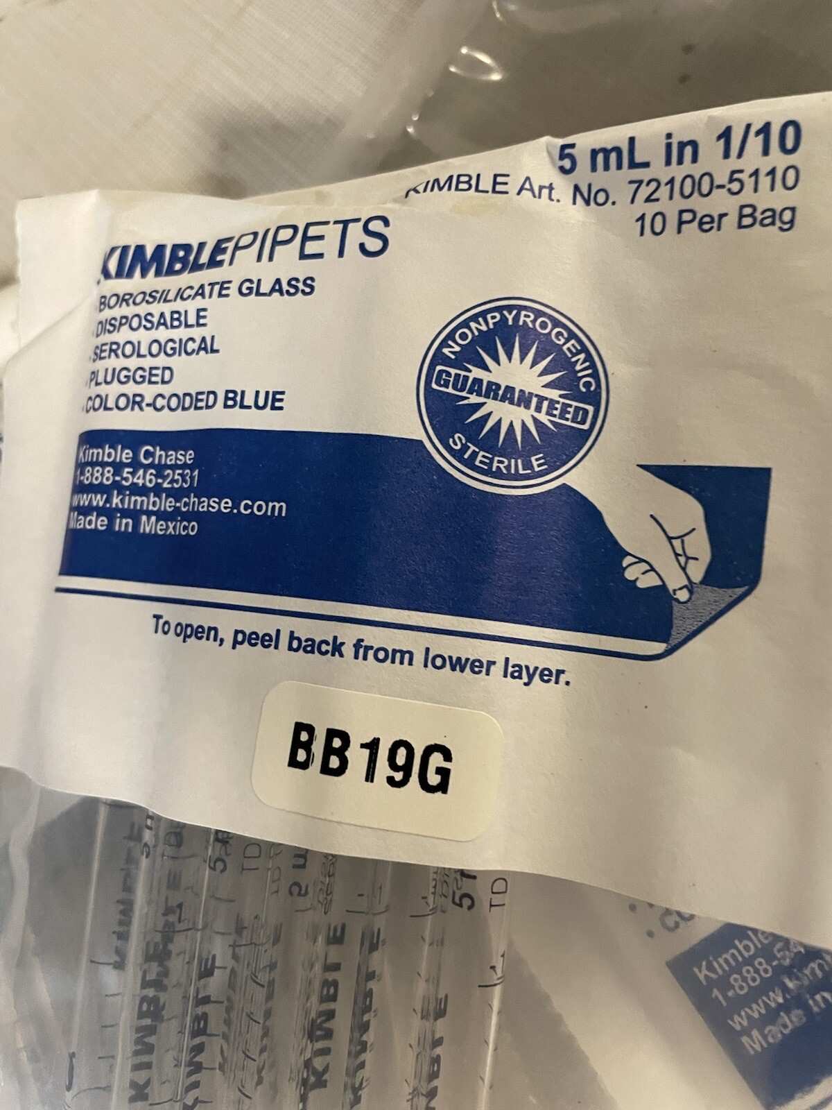 KIMBLE 5mL Glass Disposable Graduated Serological Pipet Plugged Sterile 50/5x10