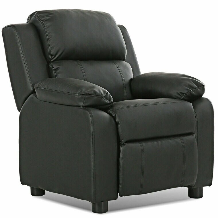 Kids Deluxe Headrest Recliner Sofa Chair With Storage Arms-Black HW56511BK