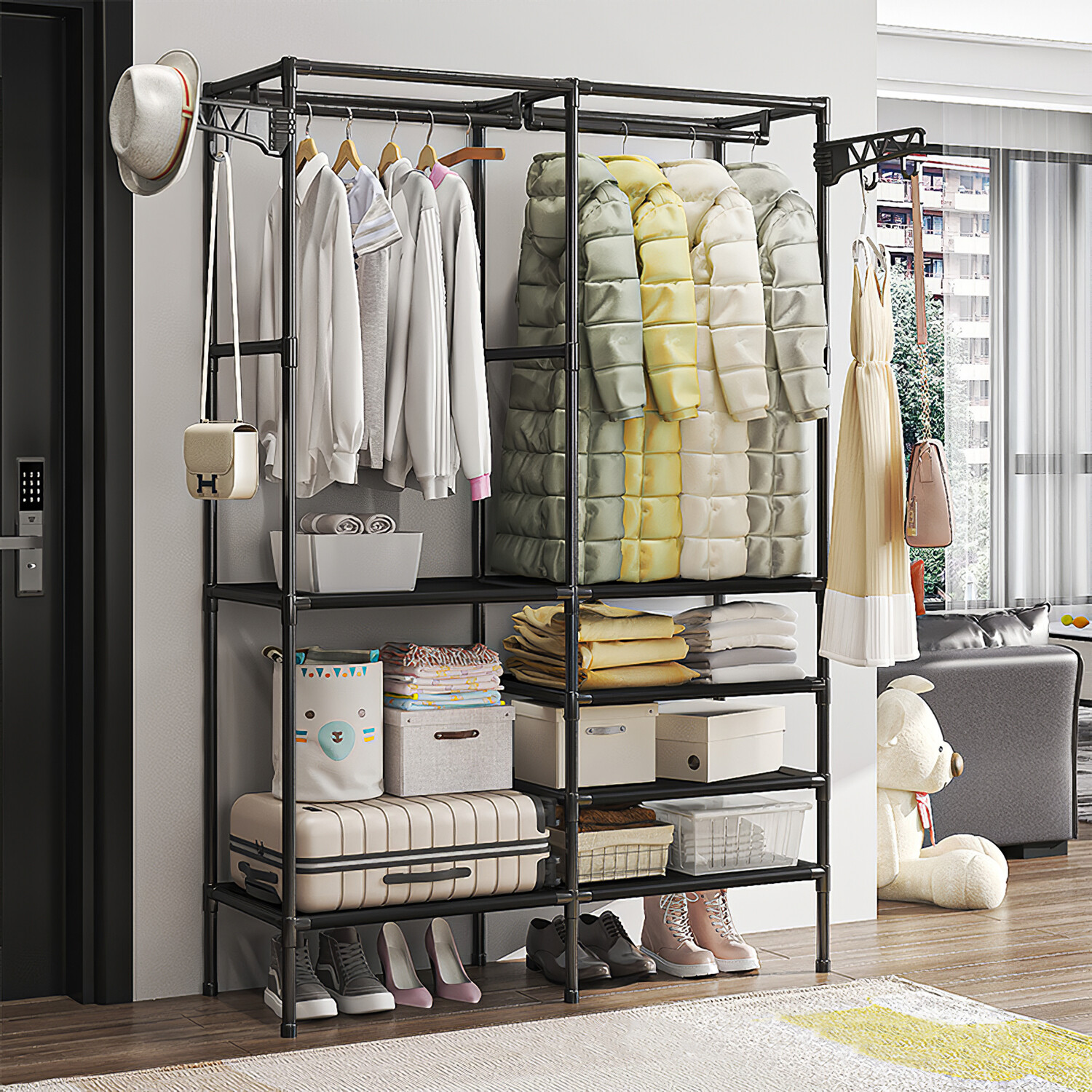 Heavy Duty Clothing Garment Rack Rolling Clothes Organizer Double Rails Hanging