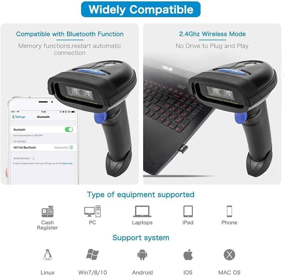 Bluetooth Barcode Scanner, Compatible with 2.4G Wireless & Bluetooth Function...