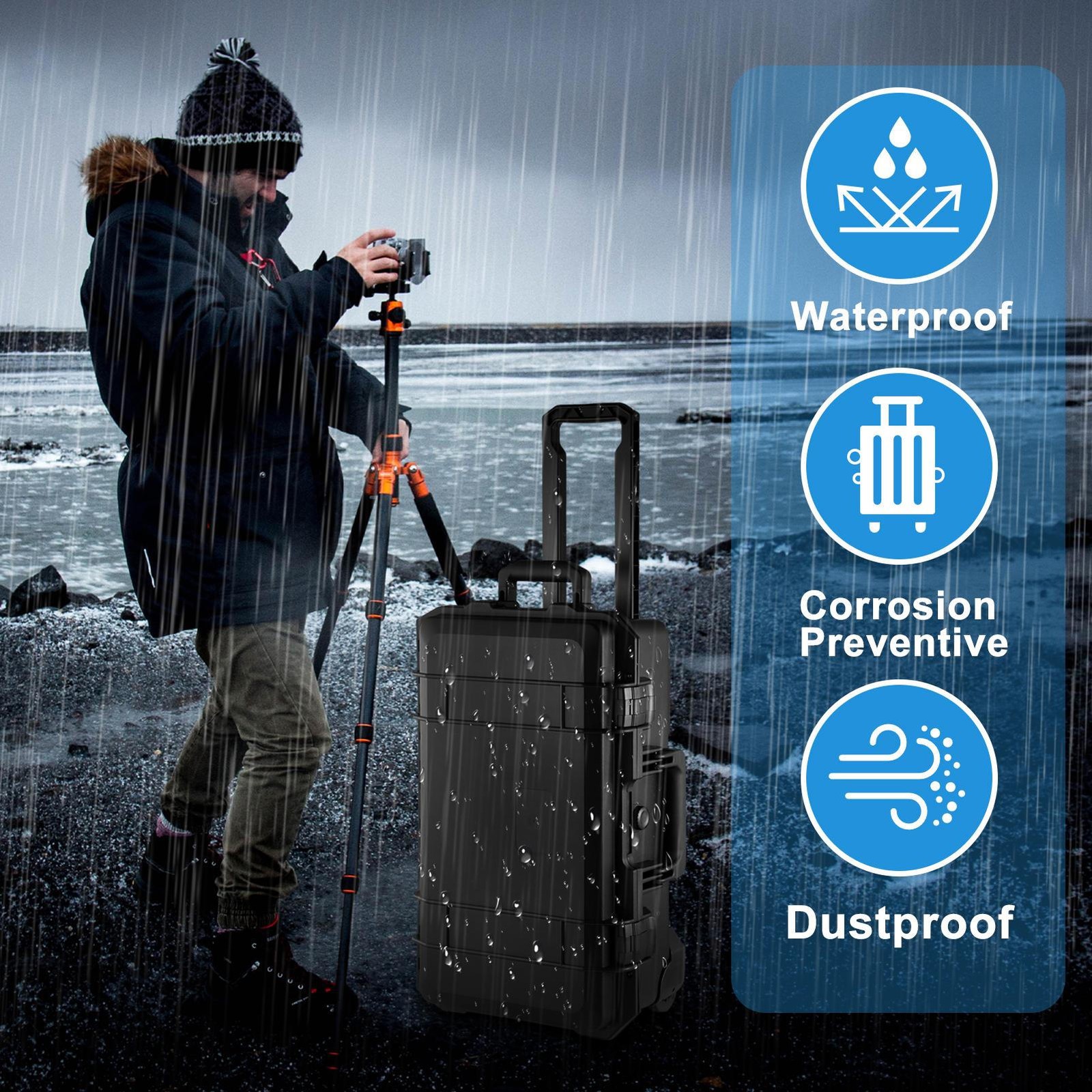 Waterproof Rolling Protective Case,Hard Compact Camera Case W/Handle Wheel