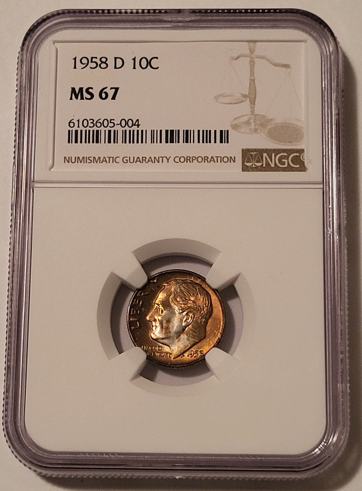1958 D Roosevelt Dime MS67 NGC Nice Copper Toning