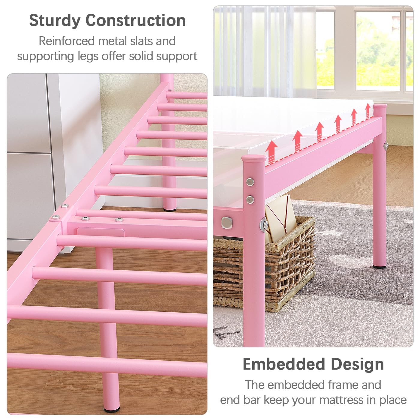 Twin Metal Bed Frame with Headboard, Underbed Storage, Pink