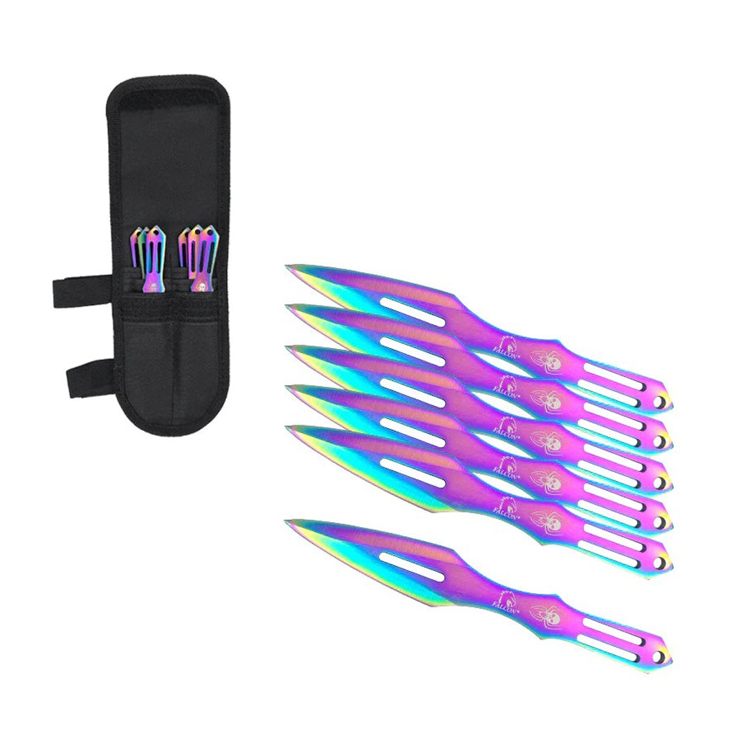 6 PC Set 5.5"" Rainbow Color Spider Skull Throwing Knife Set With Nylon Pouch