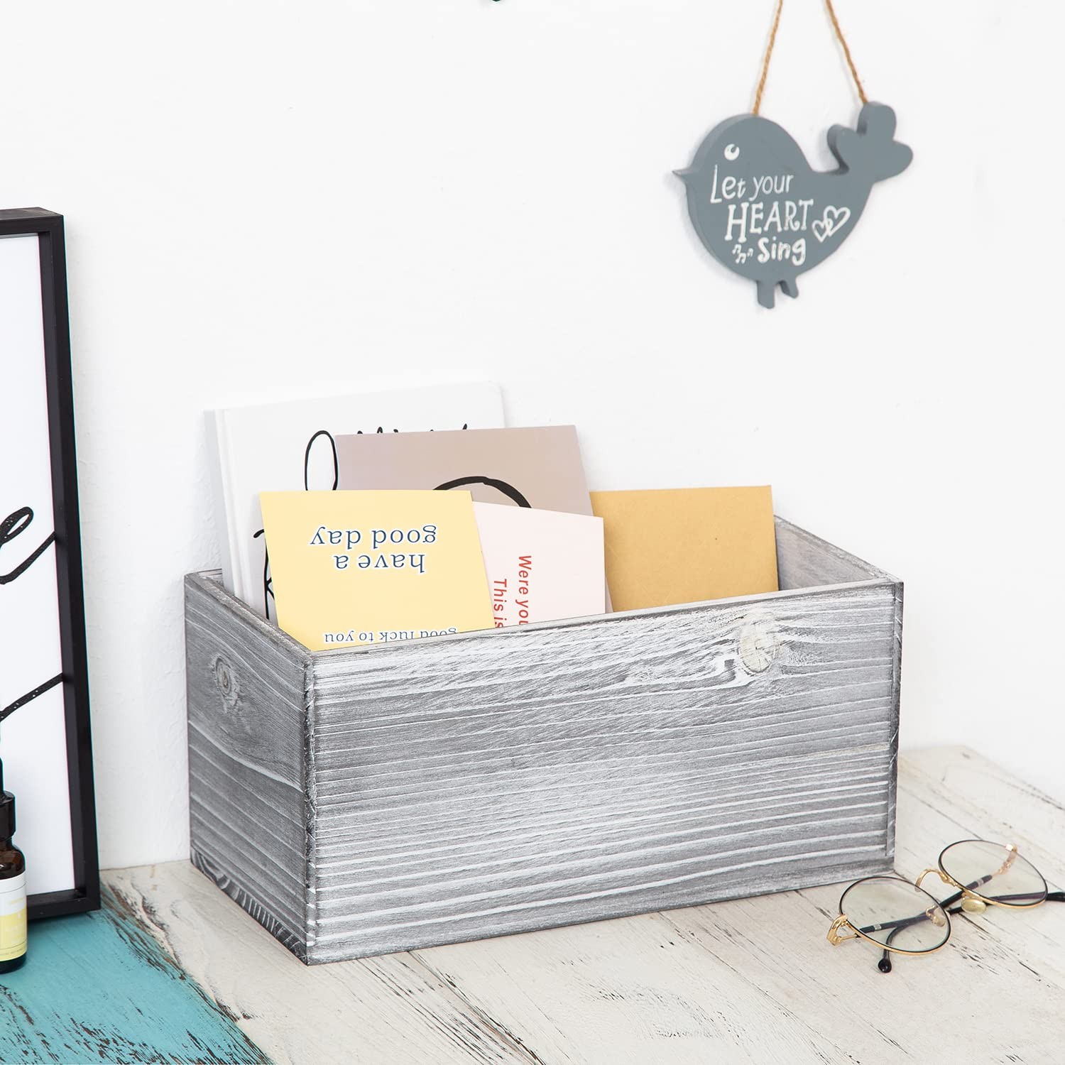 Rustic Gray Wood Mail Box Storage Holder File Organizer Tabletop Basket Script