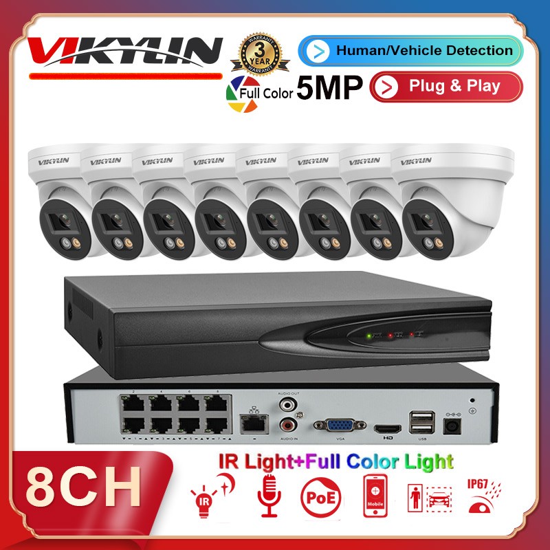Vikylin 8ch CCTV System 5MP Camera Full Color IR Mic Outdoor 4k 8 POE NVR Lot