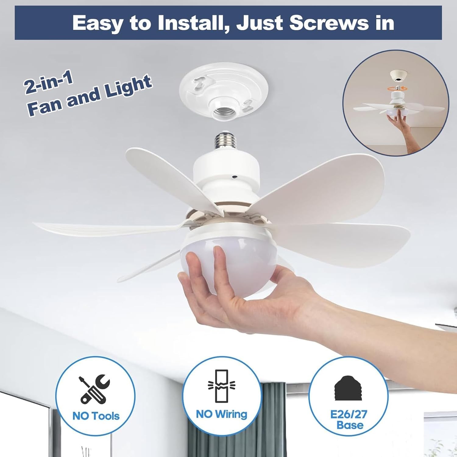 Socket Ceiling Fans with Lights and Remote- Socket Fan light with Dimmable Led
