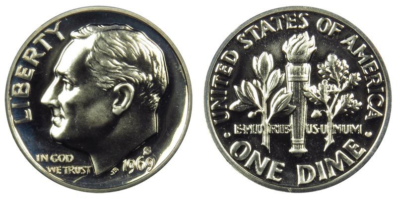 1969 S GEM BU PROOF ROOSEVELT DIME 10 CENT BRILLIANT UNCIRCULATED US COIN #1589